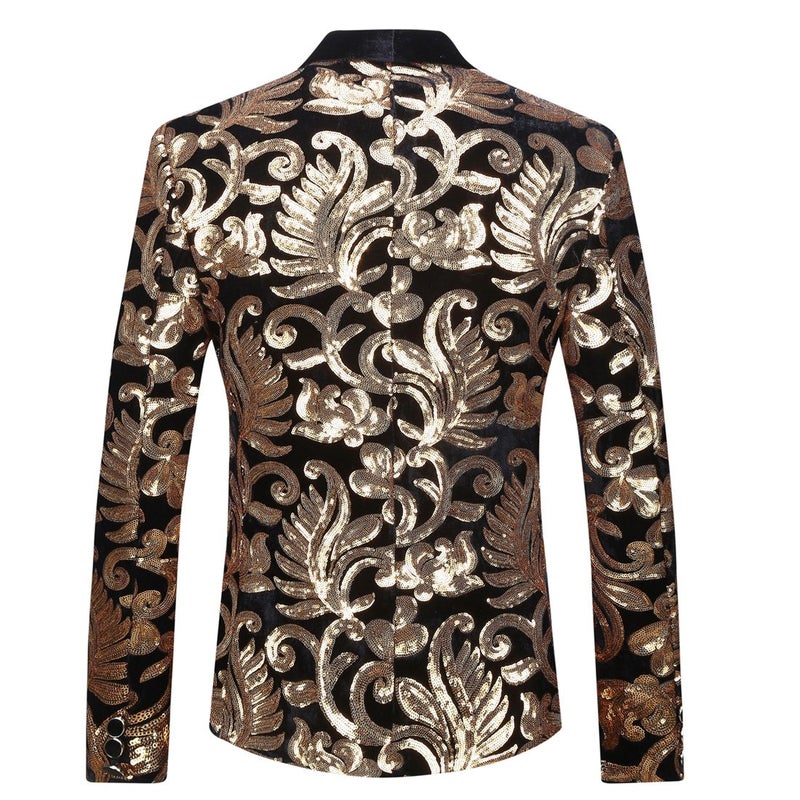 PYJTRL Men Fashion Velvet Sequins Floral Pattern Suit Jacket Blazer (Black Flat Collar, S) - Image 2